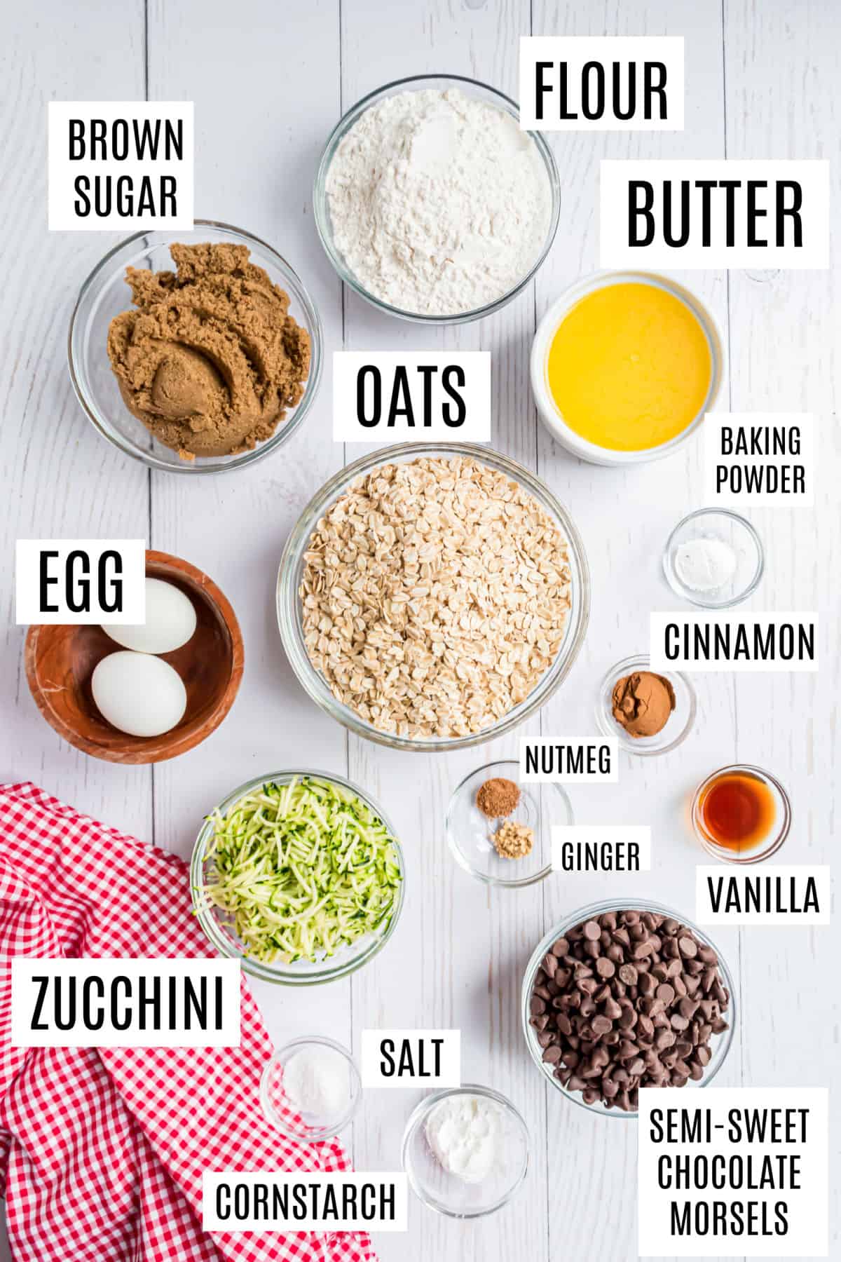 Ingredients needed to make chocolate chip zucchini cookies.