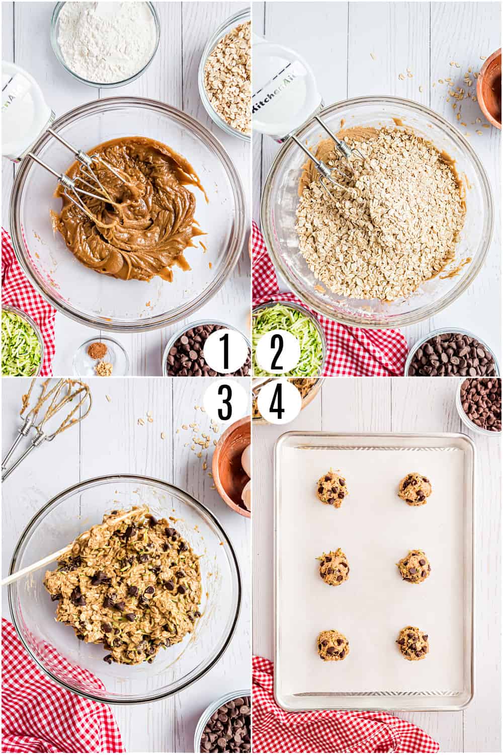 Step by step photos showing how to make zucchini cookies with chocolate chips and oatmeal.