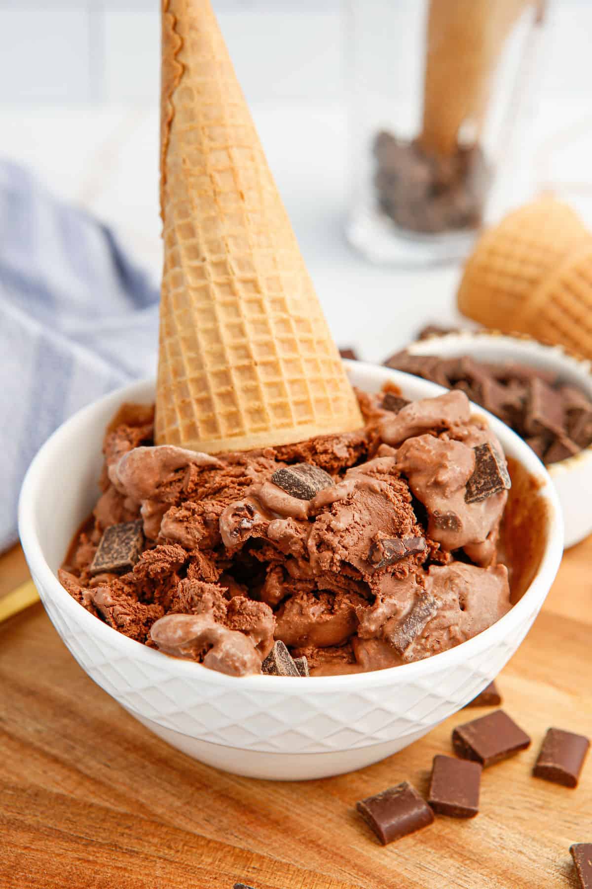Chocolate ice cream with chocolate chunks in a white bowl and sugar cone on top.