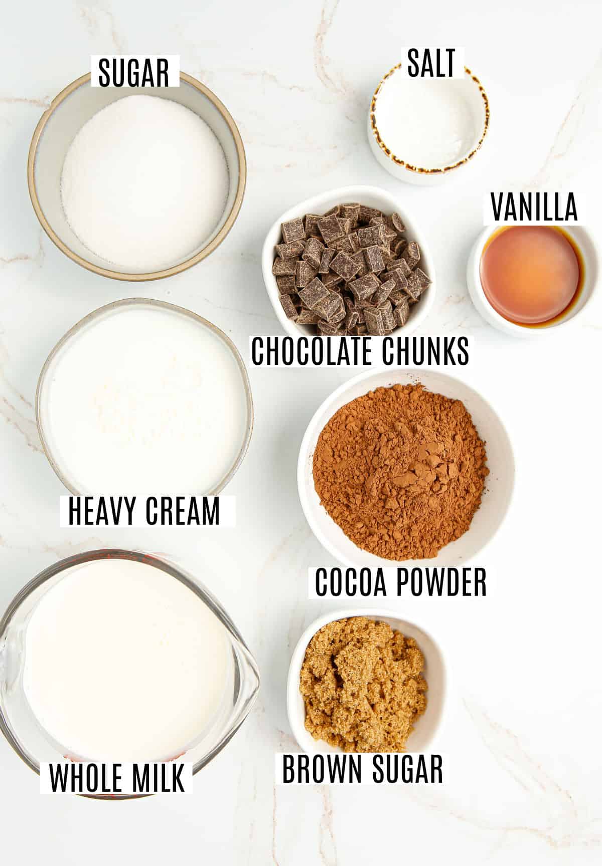 Ingredients needed to make homemade chocolate ice cream.