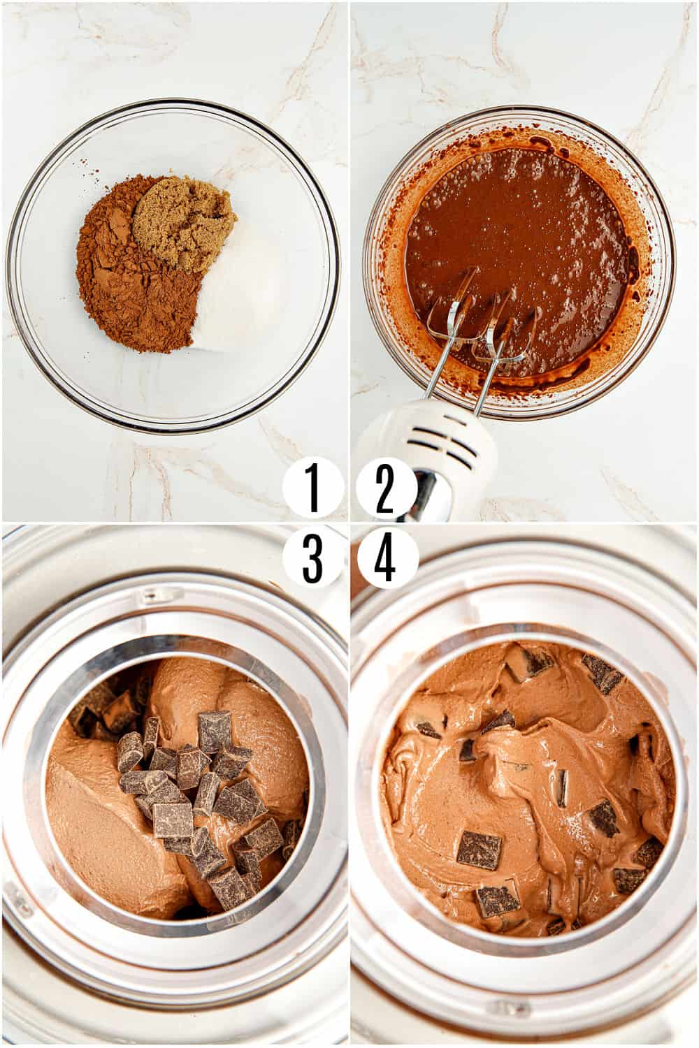 Step by step photos showing how to make chocolate ice cream.