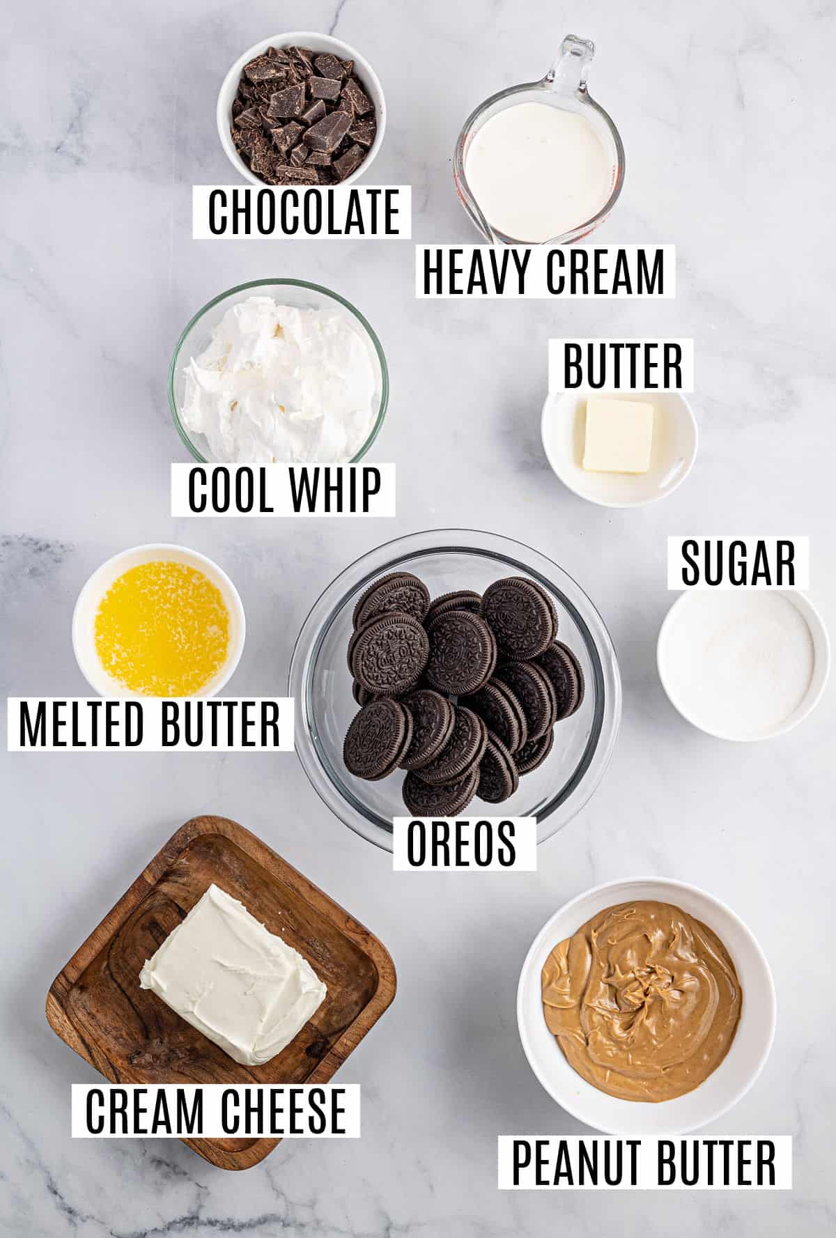 Ingredients needed to make chocolate peanut butter pie.