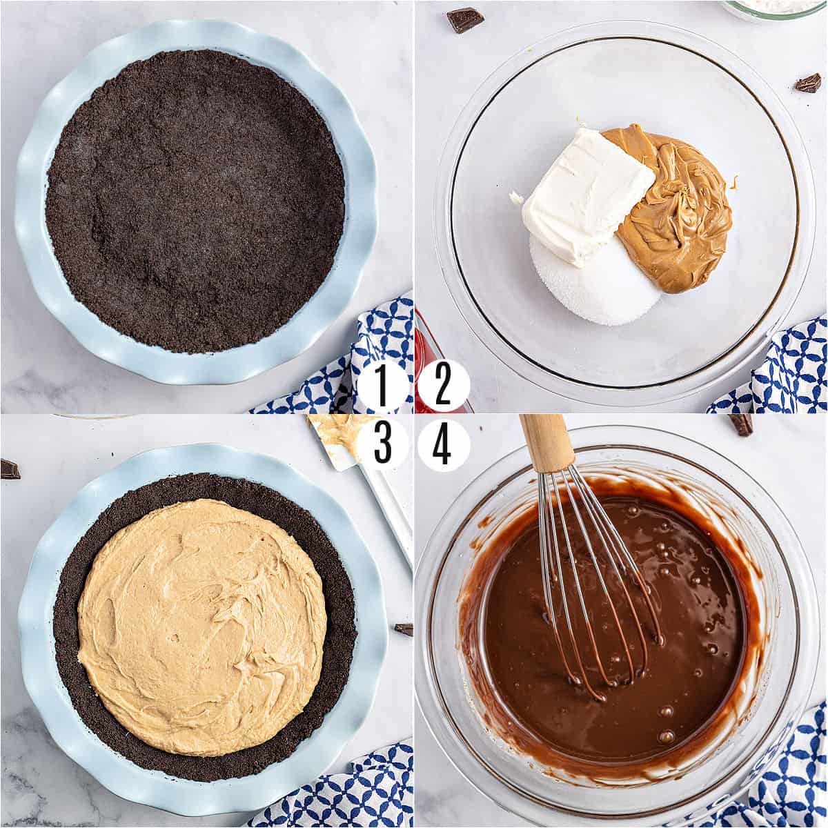 Step by step photos showing how to make chocolate peanut butter pie.