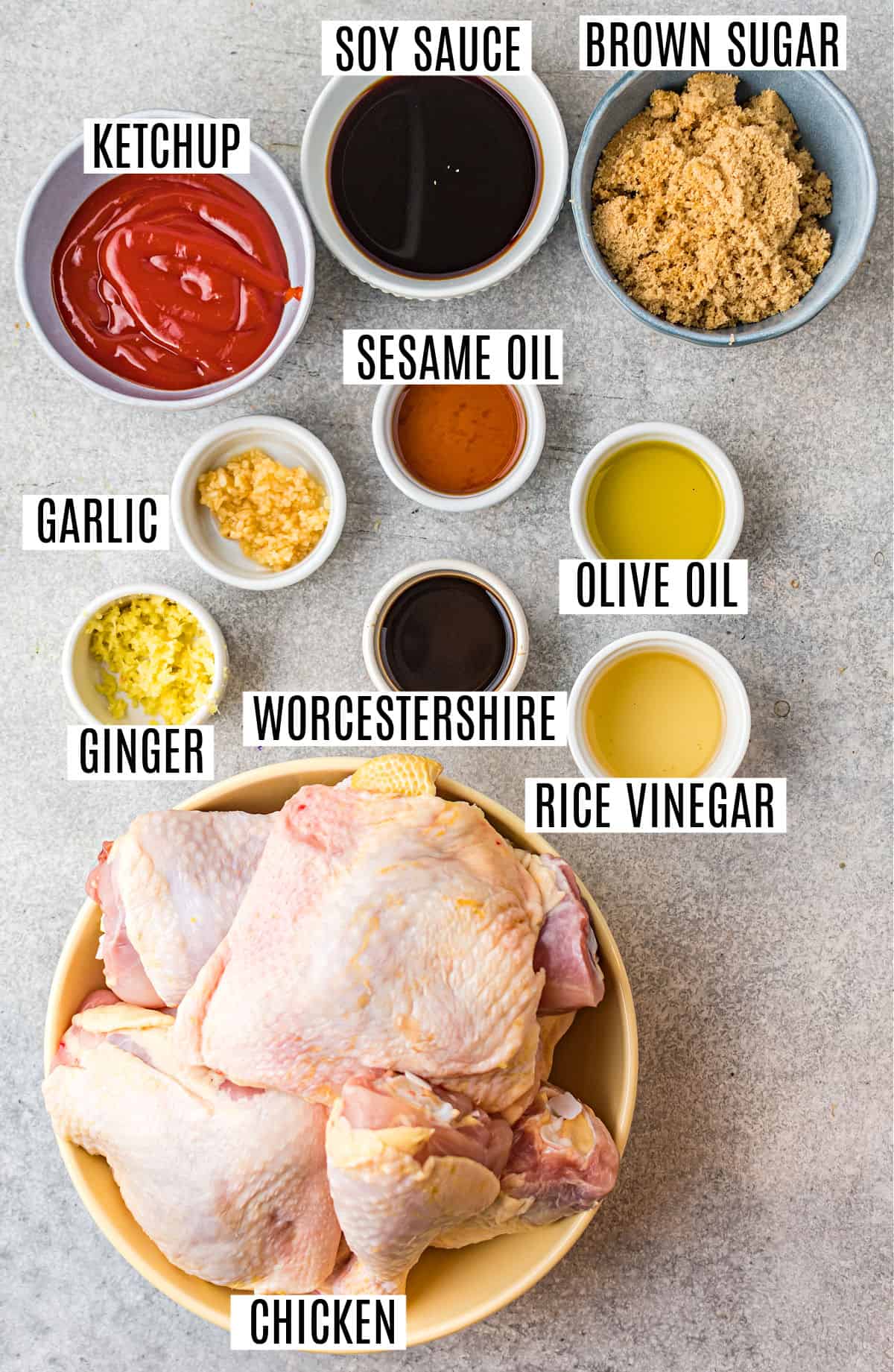 Ingredients needed to make huli huli chicken.