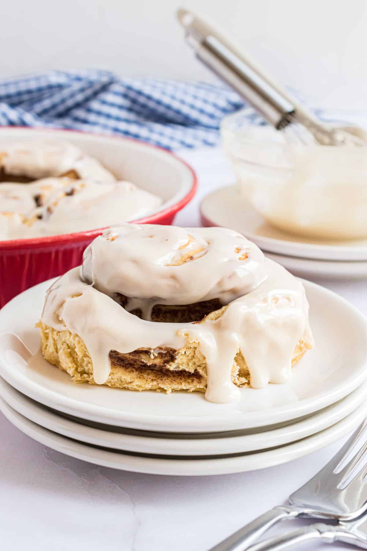 Vanilla icing on a cinnamon roll.