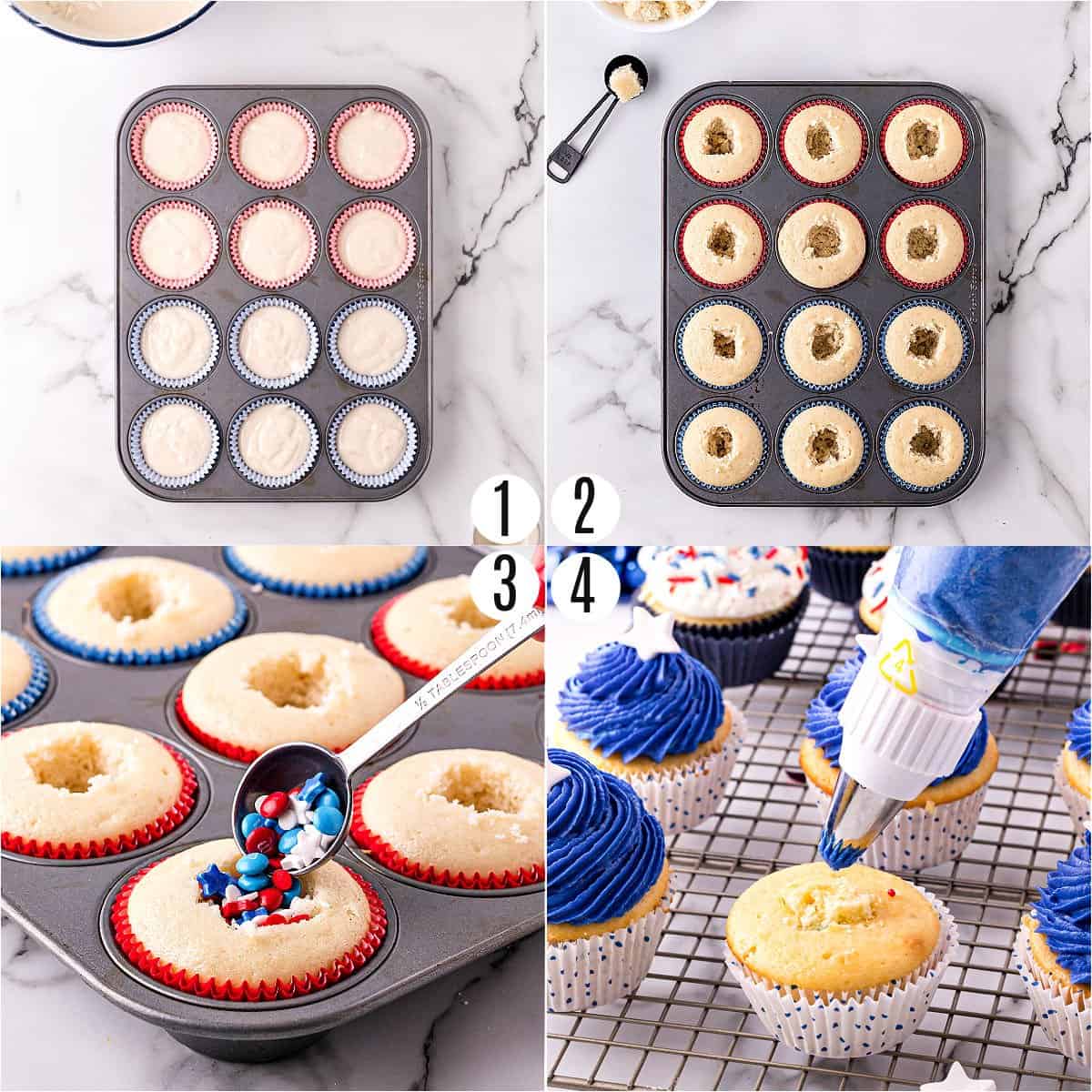 Step by step photos showing how to fill vanilla cupcakes with sprinkles.