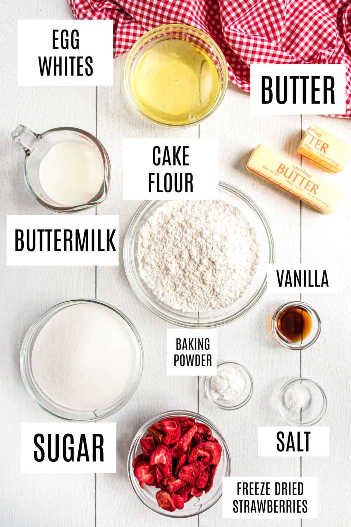 Ingredients needed to make strawberry cupcakes.