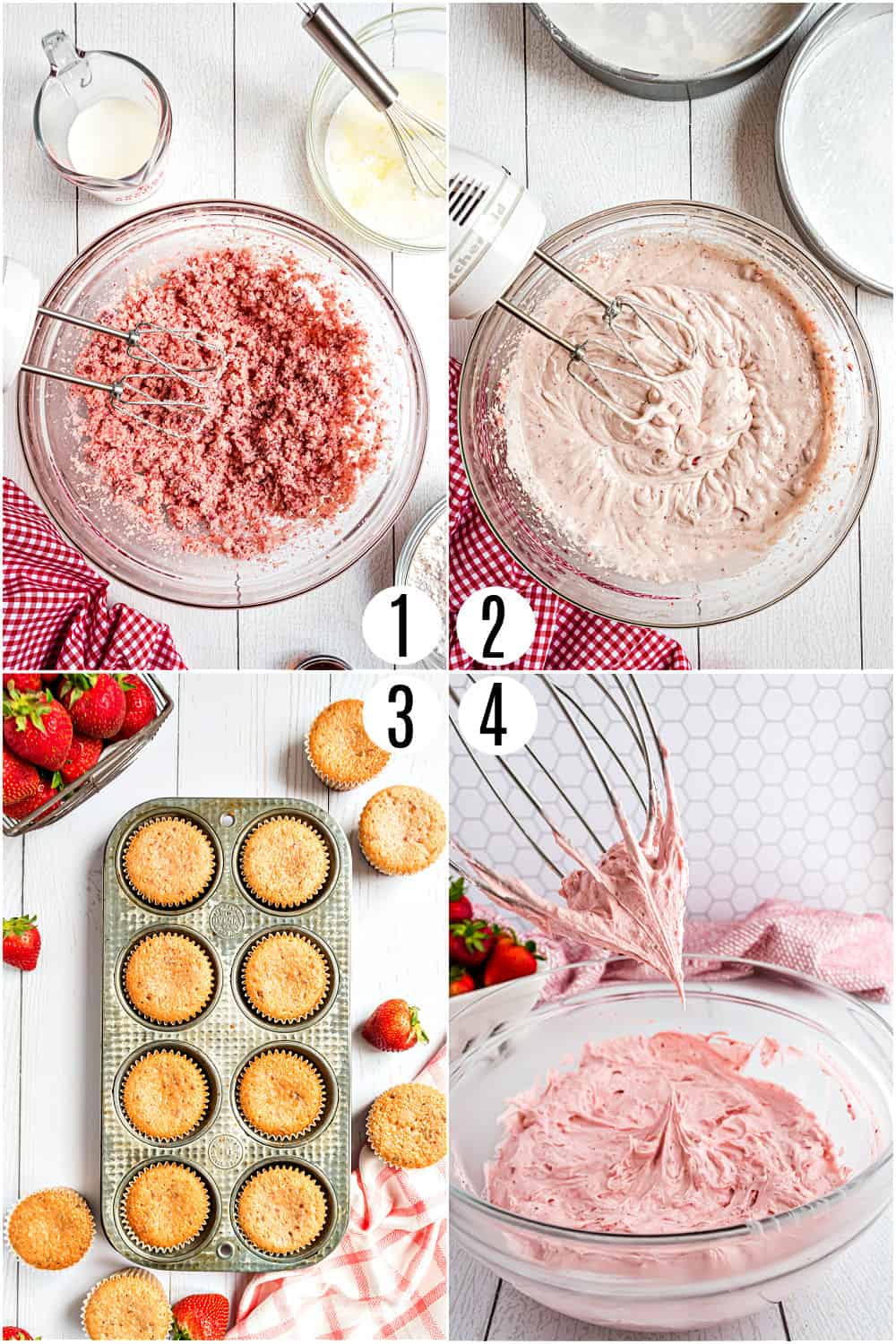 Step by step photos showing how to make strawberry cupcakes.