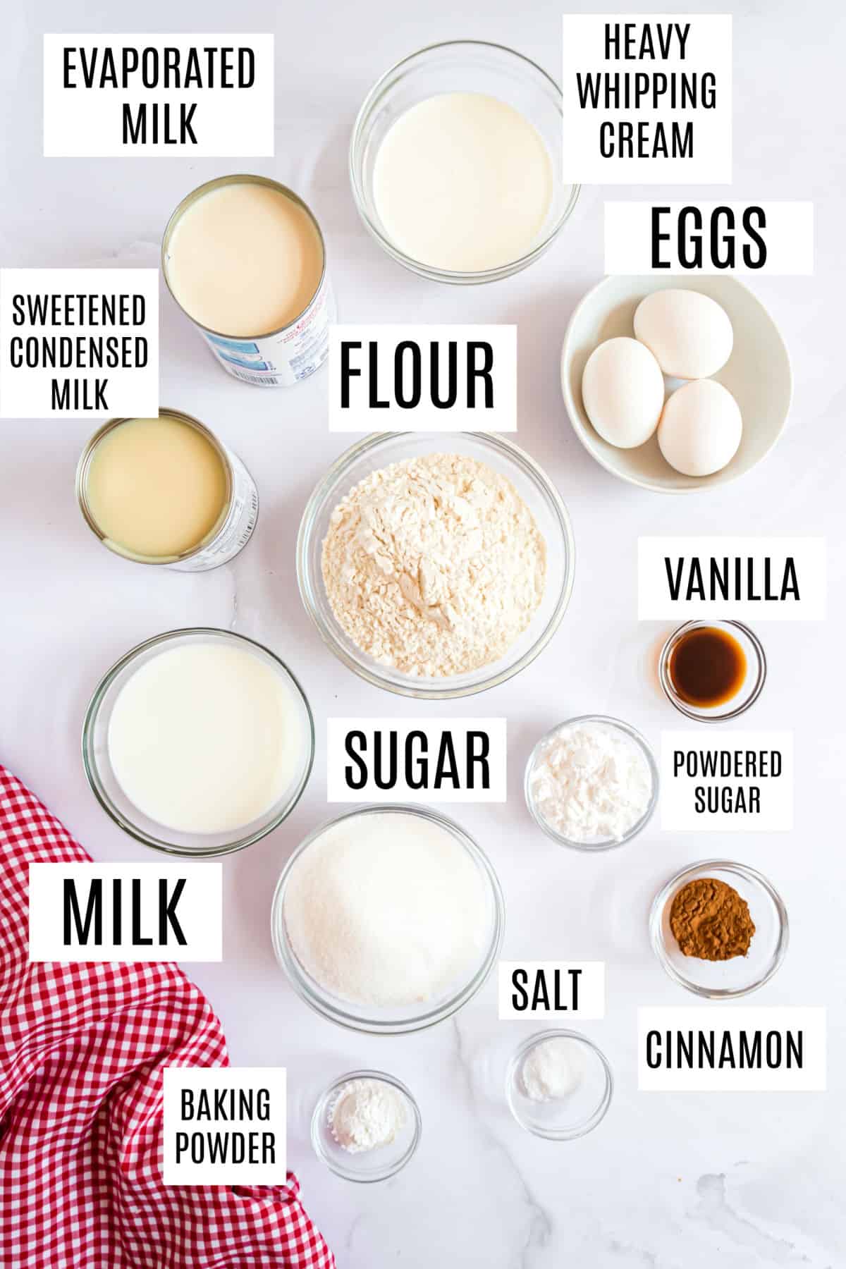 Ingredients needed to make tres leches cake.