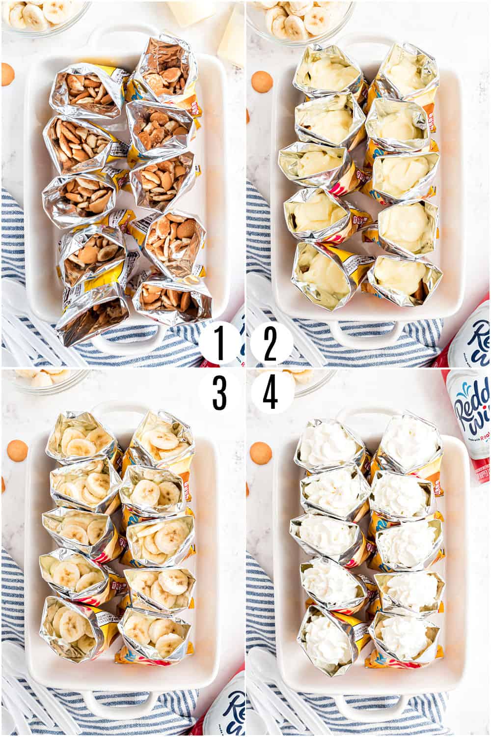 Step by step photos showing how to make banana pudding walking desserts.
