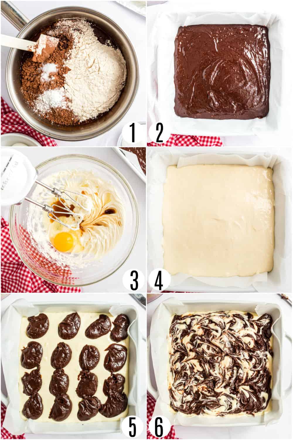Step by step photos showing how to make cream cheese swirled brownies.