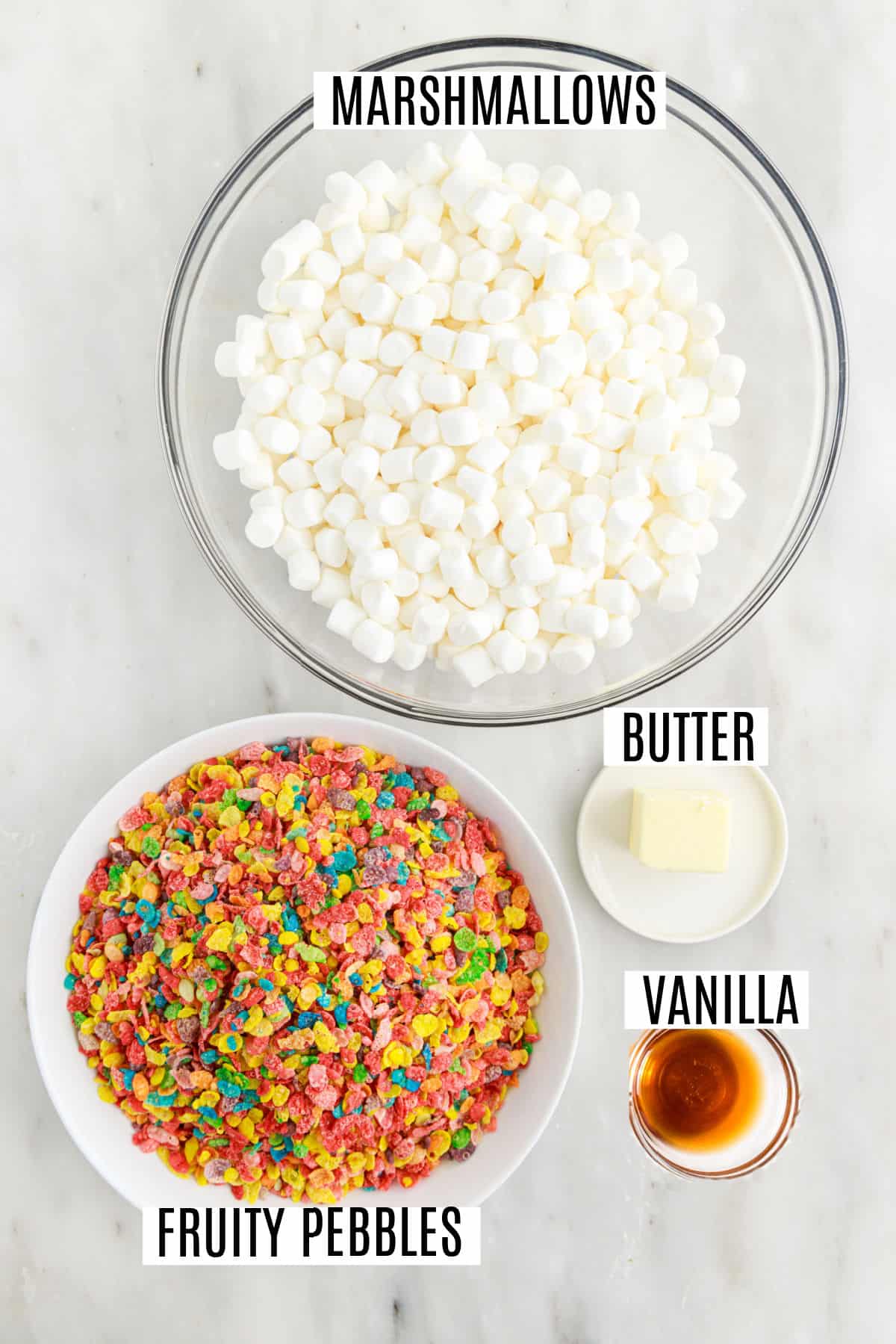 Ingredients needed to make fruity pebbles treats.