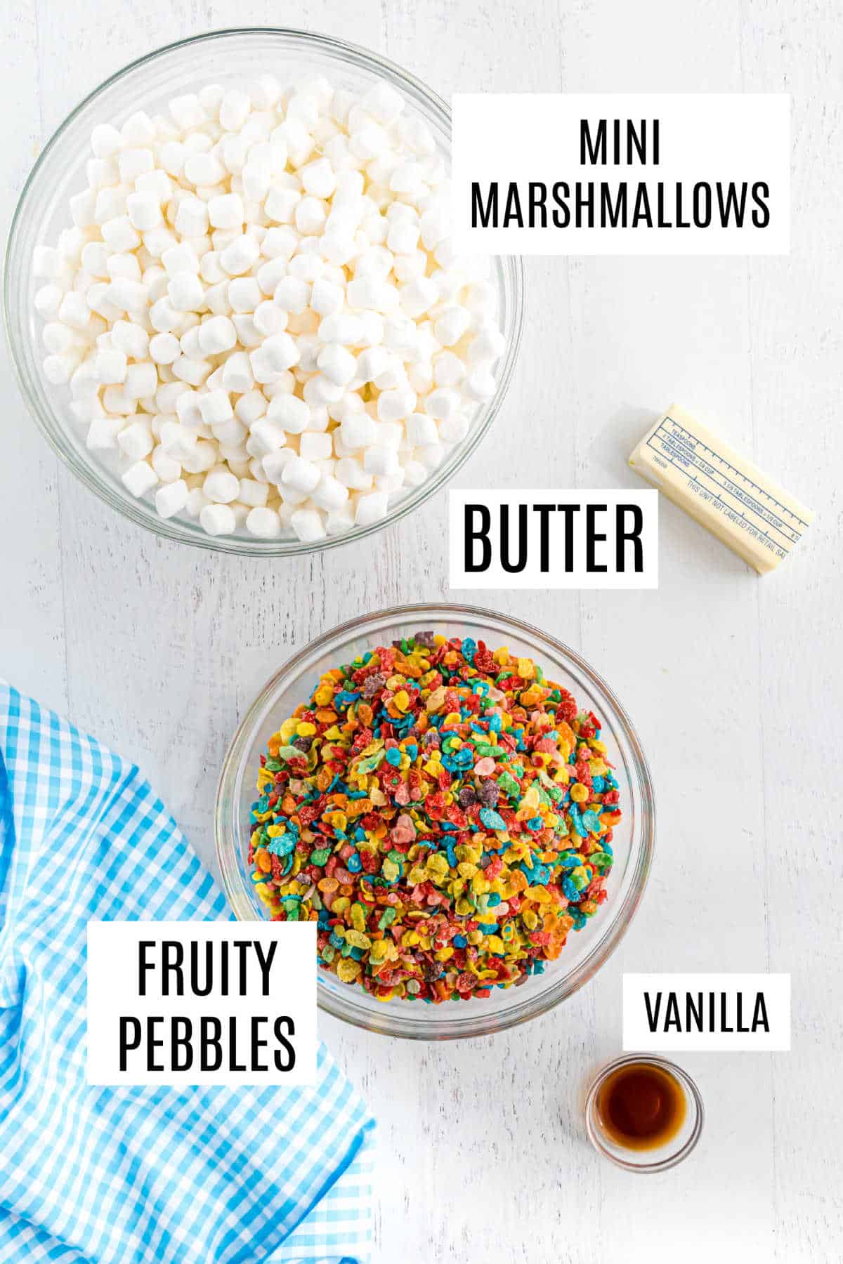 Ingredients needed to make fruity pebbles rice crispy treats.