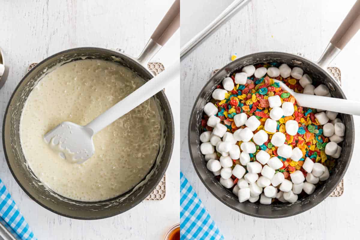 Step by step photos showing how to make fruity pebbles treats.