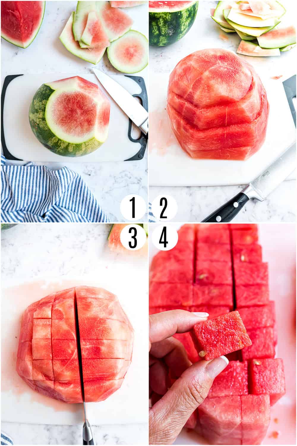 Step by step photos showing how to cut a watermelon into cubes.