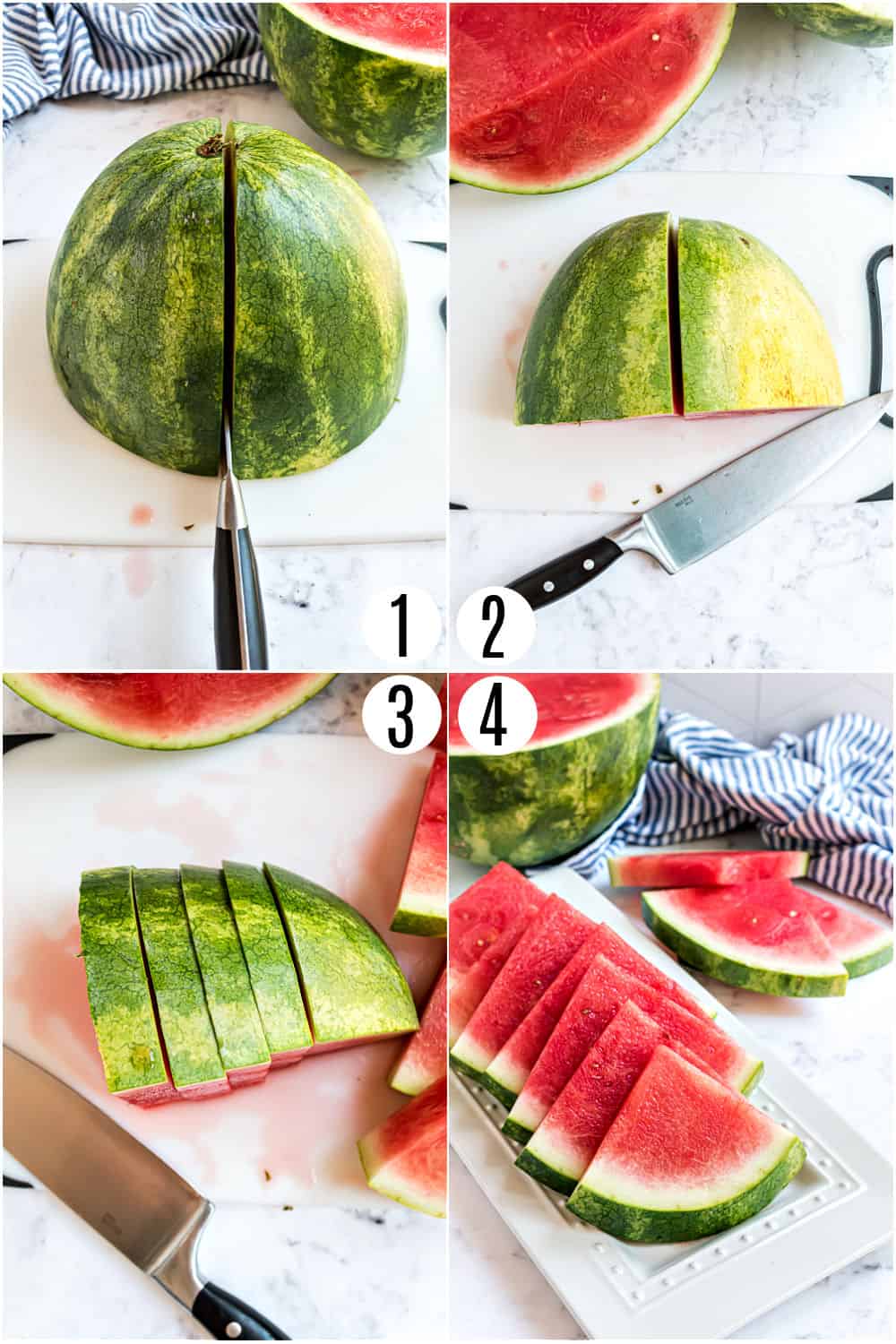 Step by step photos showing how to cut a watermelon into wedges.
