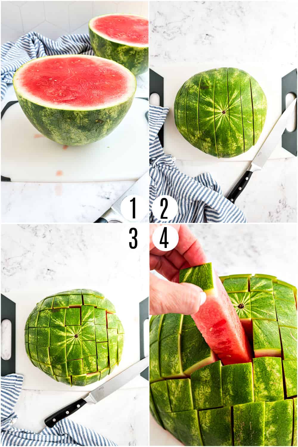 Step by step photos showing how to cut a watermelon into sticks.