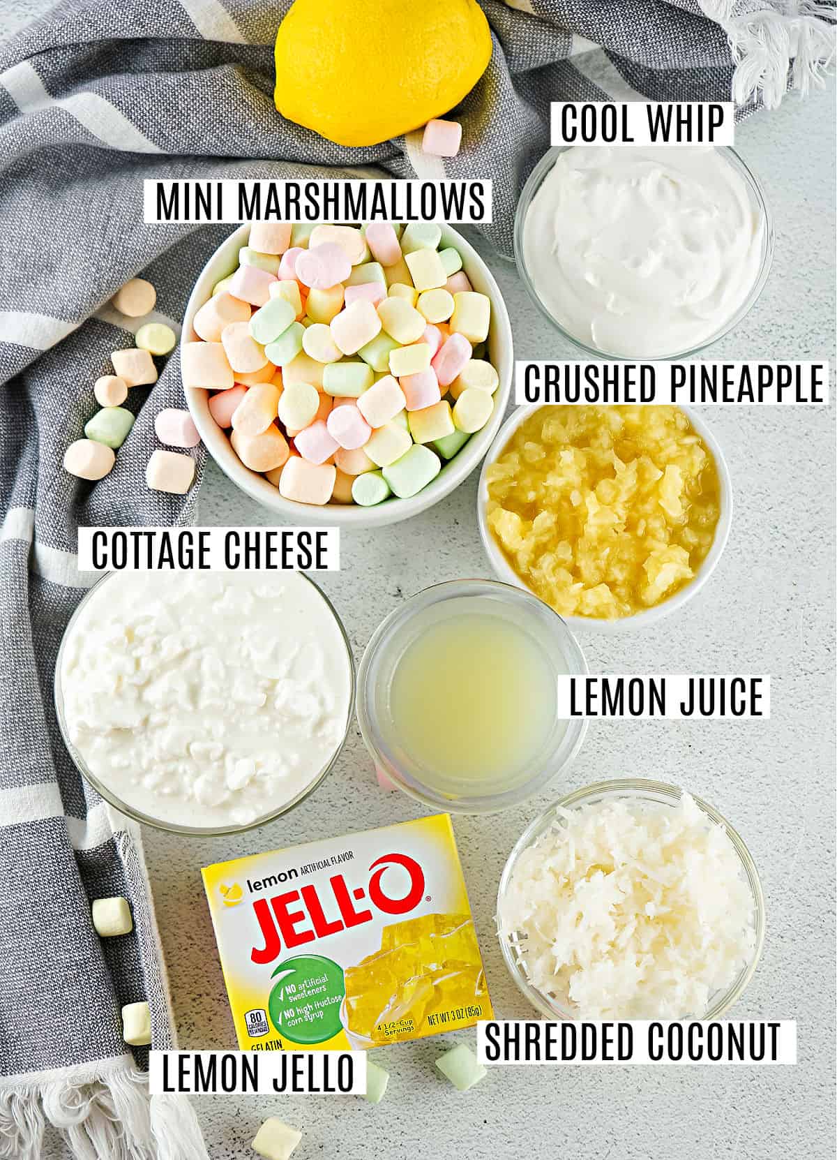 Ingredients needed to make lemon fluff.