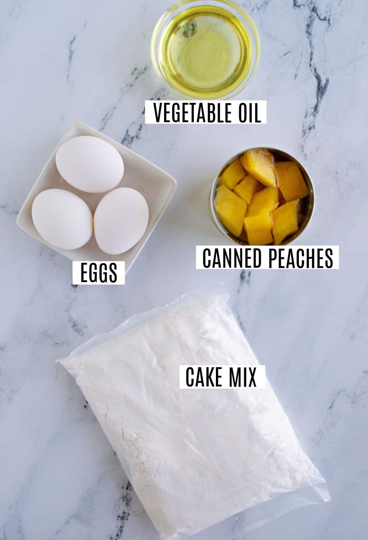 Ingredients needed to make peach cake.
