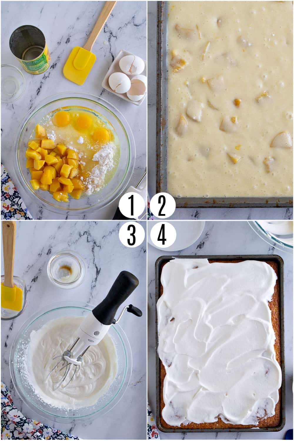 Step by step photos showing how to make peach sheet cake.