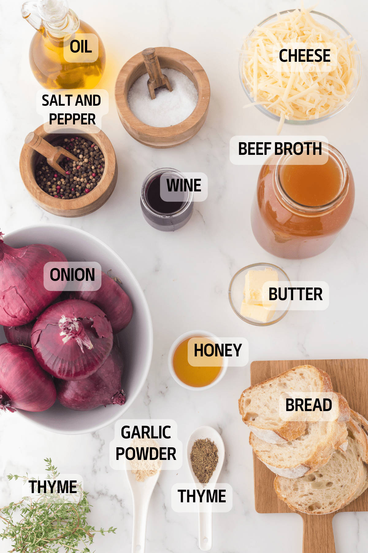 Ingredients needed to make french onion soup.