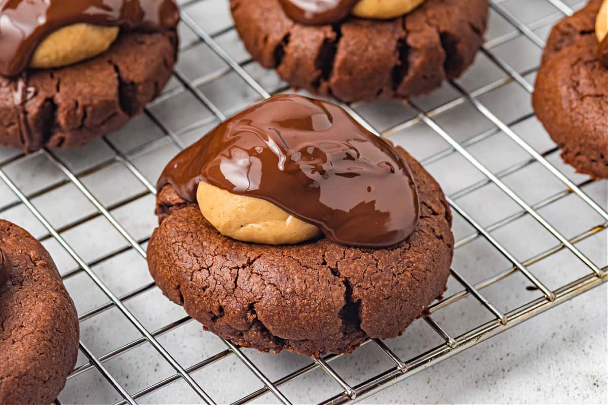 Buckeye brownie cookie on a wire cooling rack.