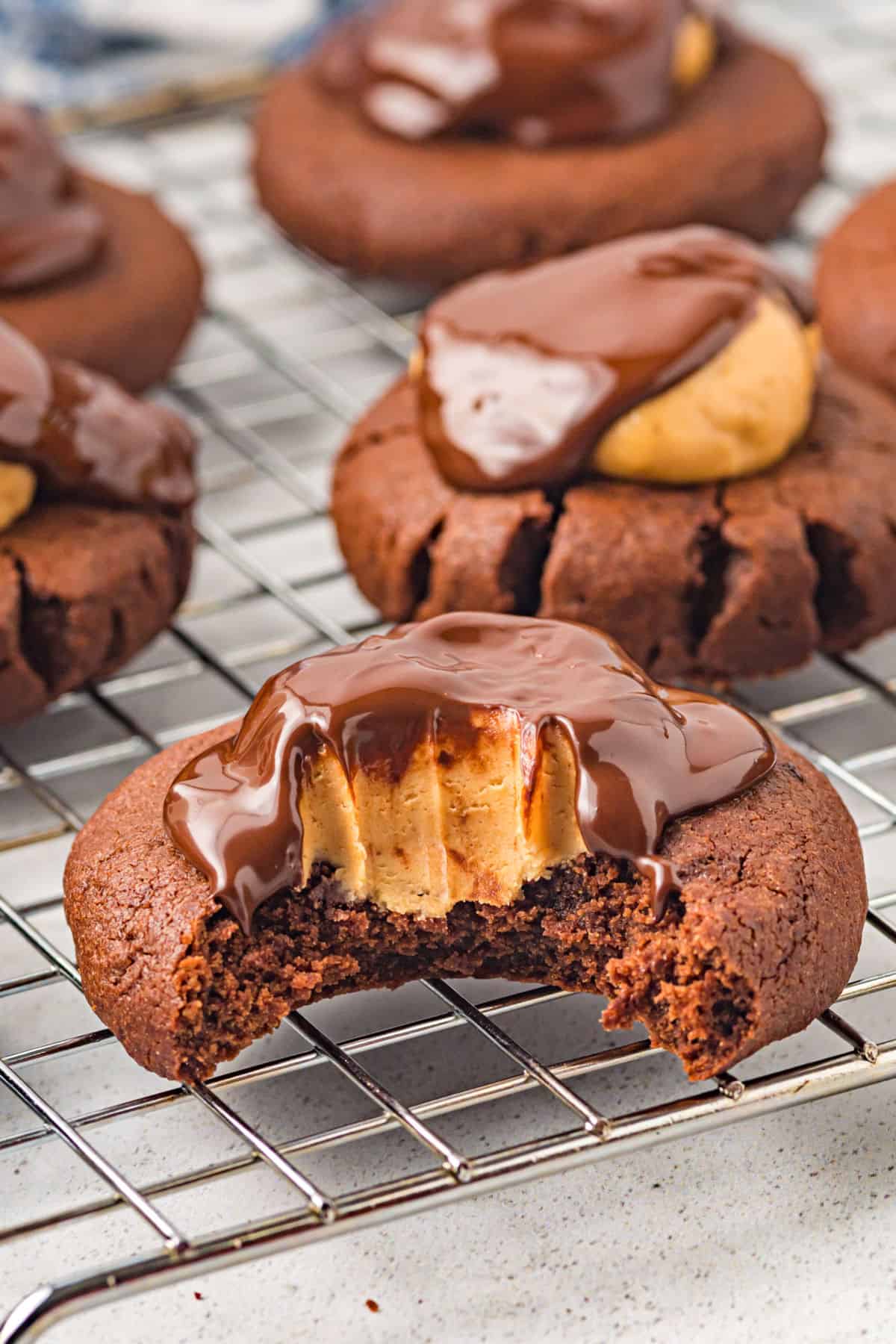 Chocolate cookie topped with peanut butter ball and chocolate ganache.