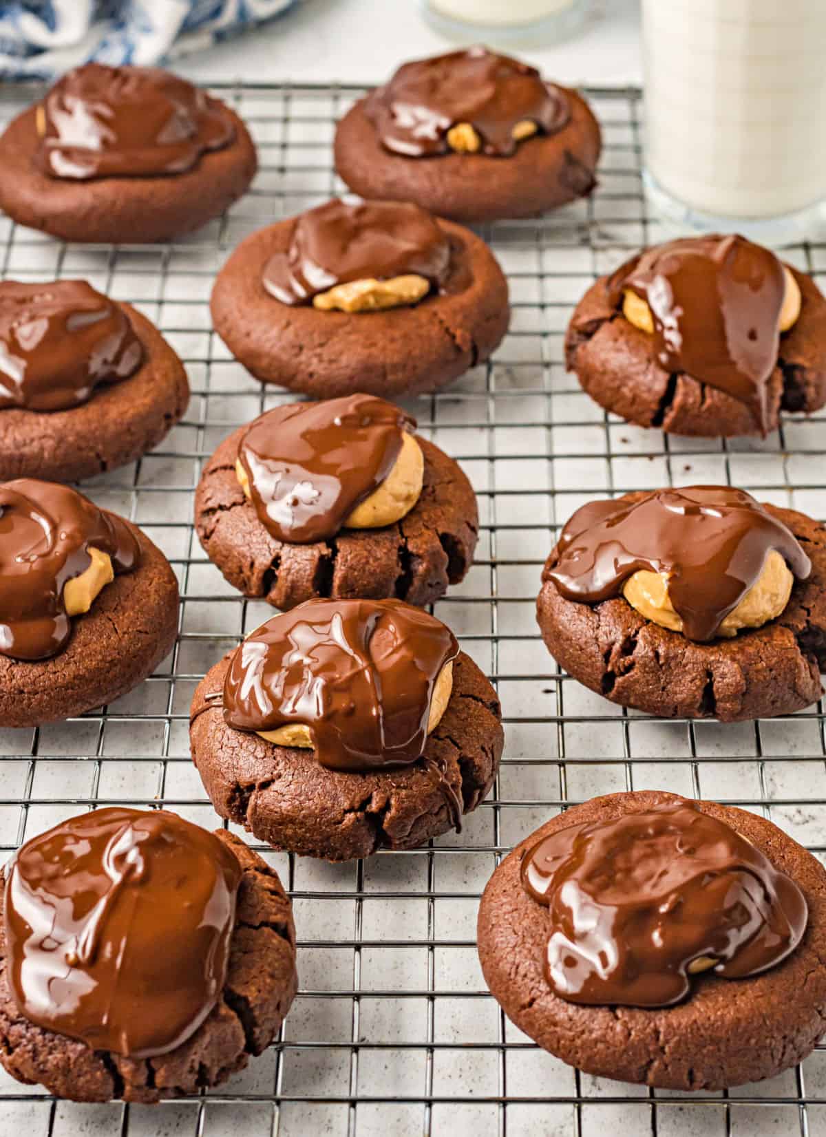 Chocolate peanut butter cookies on a wire cooling rack.