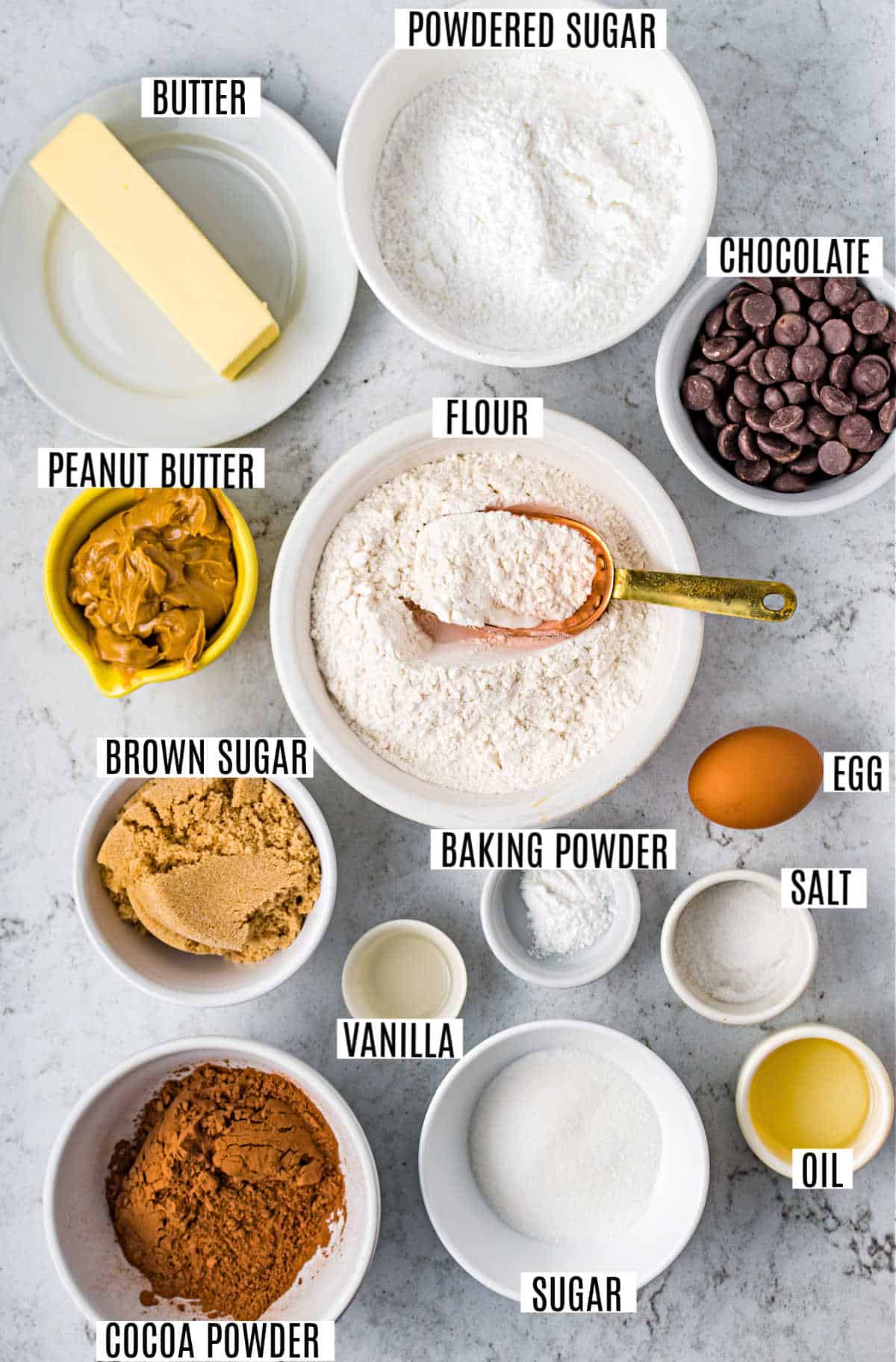 Ingredients needed to make brownie cookies with buckeye topping.