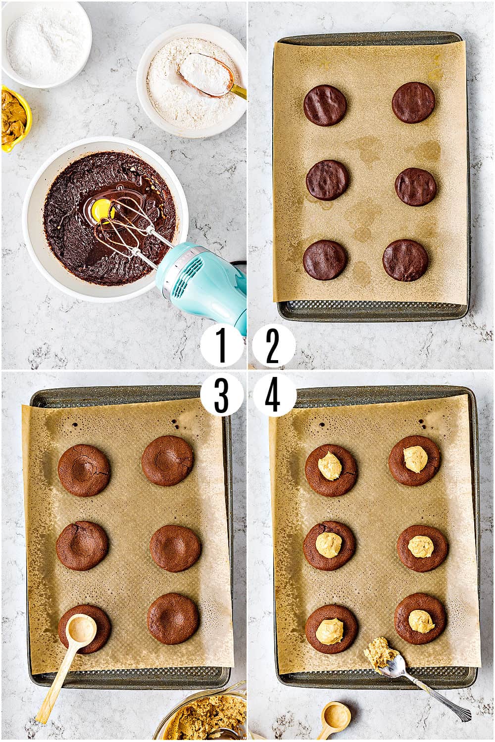 Step by step phtoos showing how to make buckeye brownie cookies.