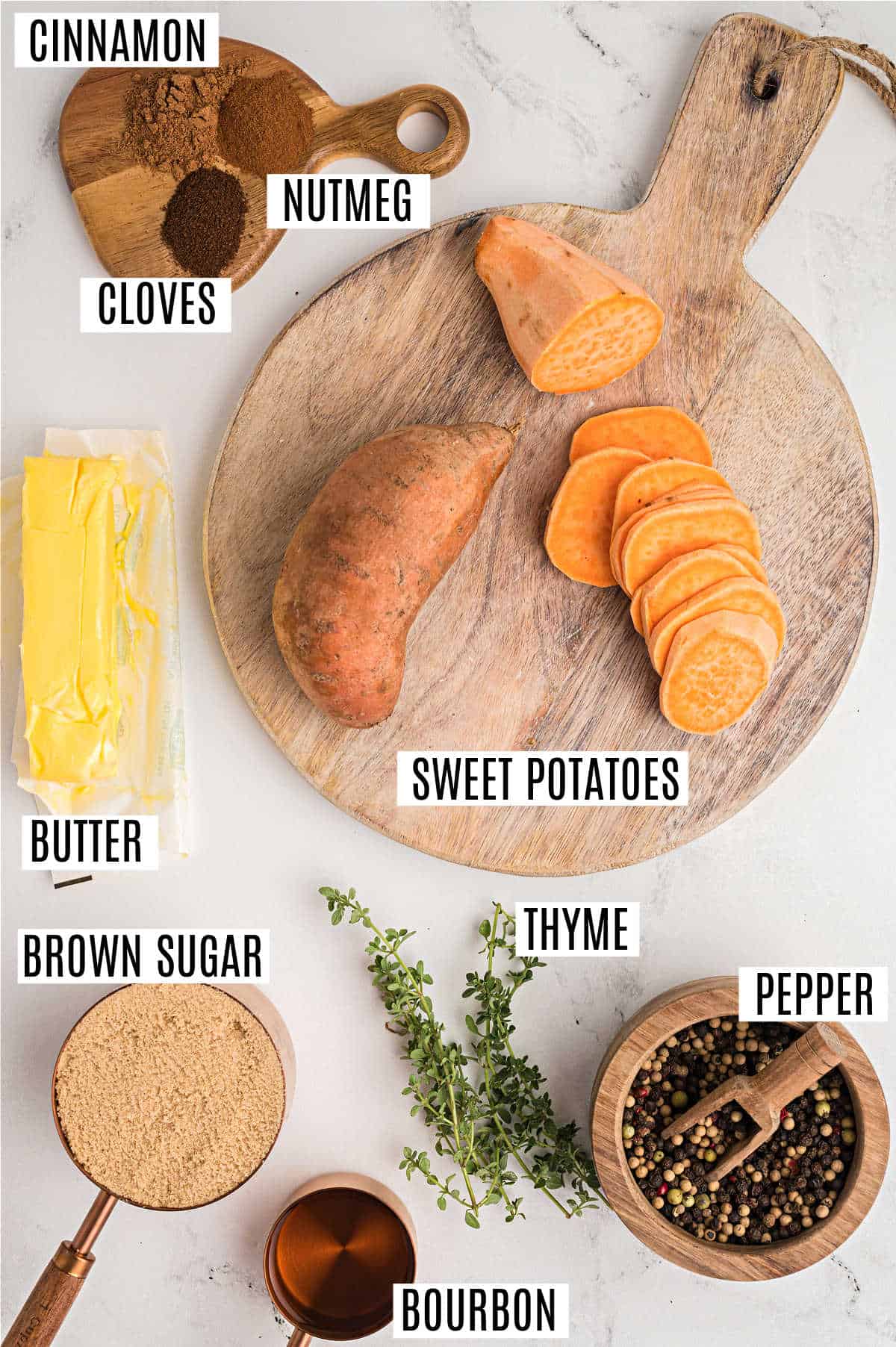 Ingredients needed to make candied sweet potatoes.