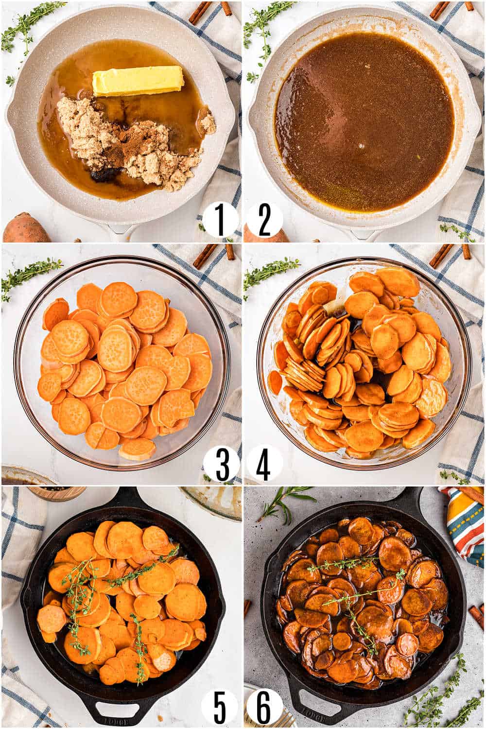 Step by step photos showing how to make candied sweet potatoes.