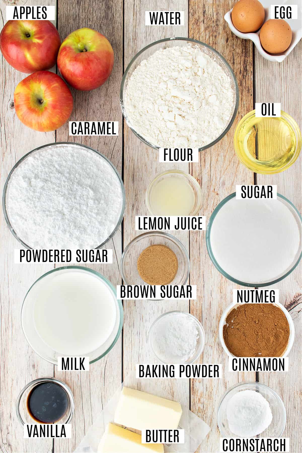 Ingredients needed to make caramel apple cupcakes.