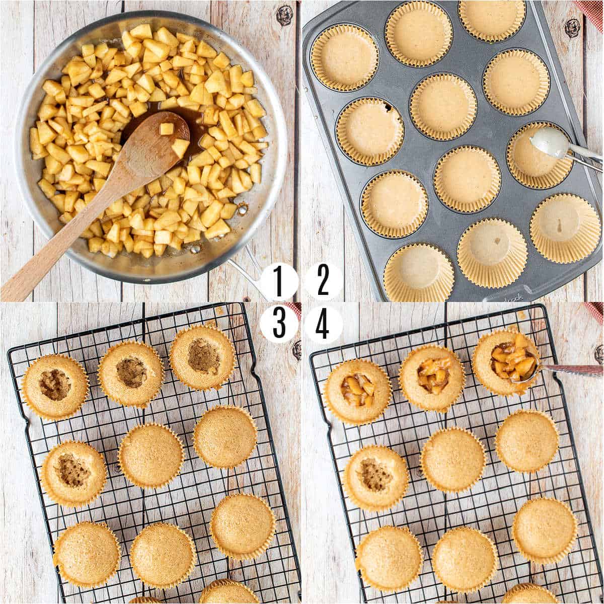 Step by step photos showing how to make caramel apple filled cupcakes.
