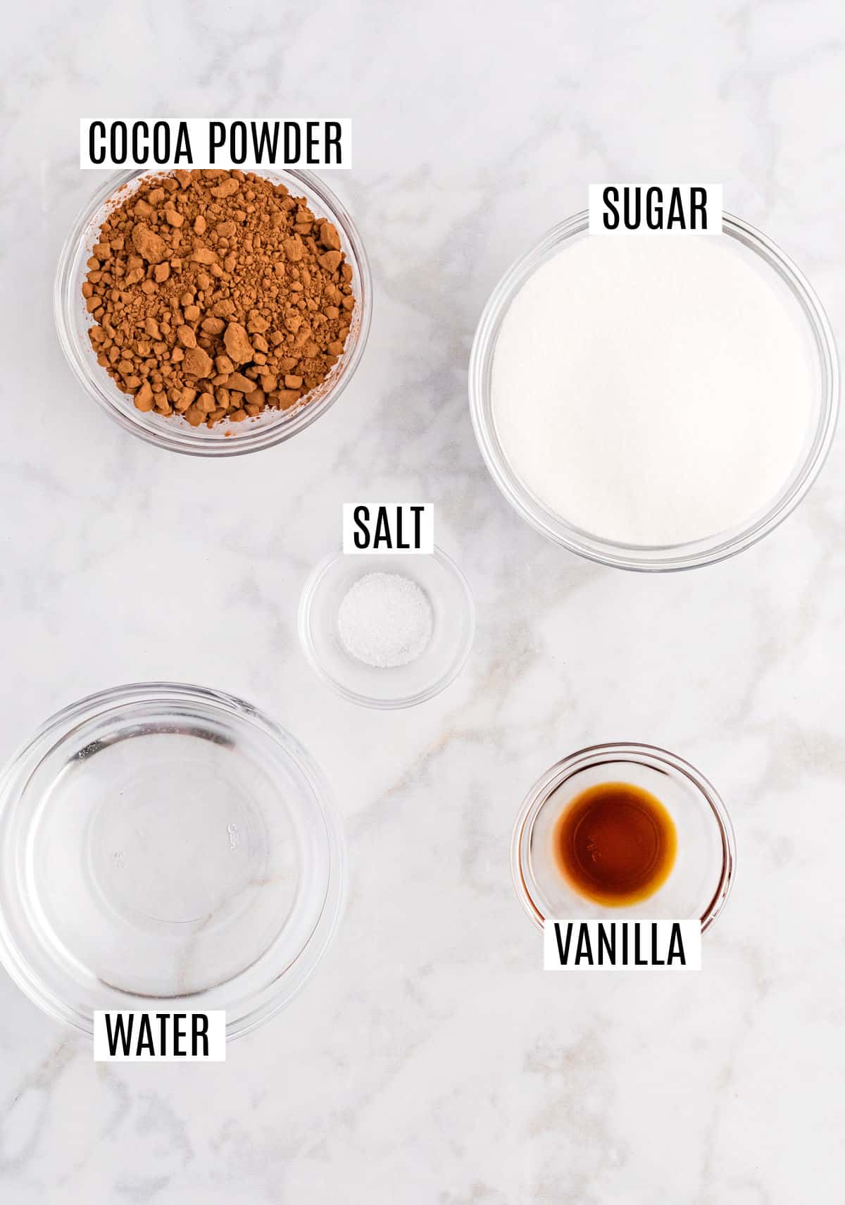Ingredients needed to make chocolate syrup.
