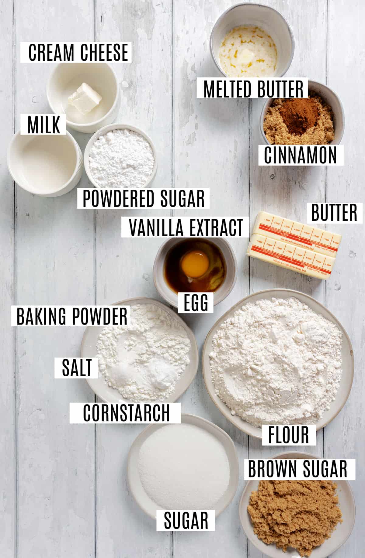 Ingredients needed to make cinnamon roll cookies.