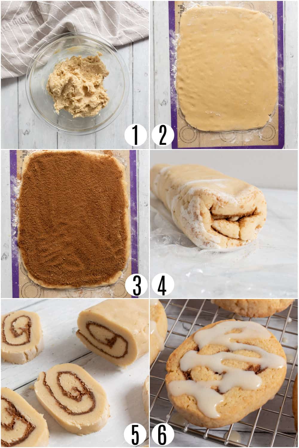 Step by step photos showing how to make cinnamon roll cookies.