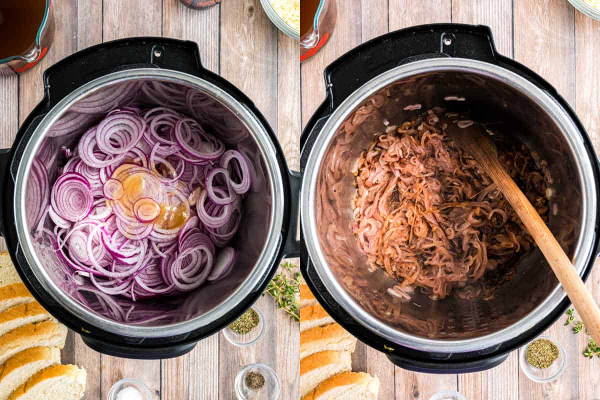 Side-by-side images of sliced onions in an Instant Pot before and after sautéing for french onion soup, with a wooden spoon.