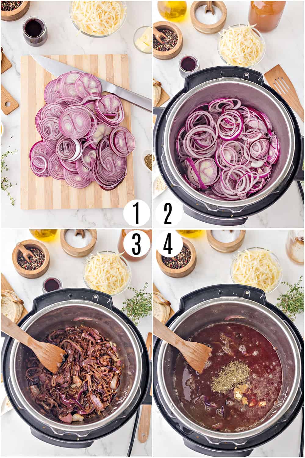 Step by step photos showing how to make instant pot french onion soup.
