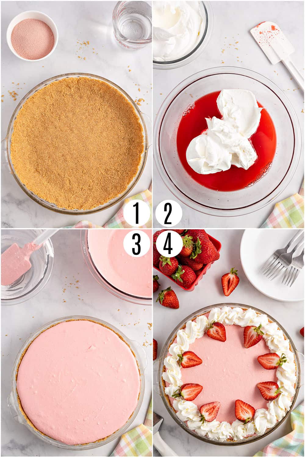 Step by step photo collage showing how to make jello pie.