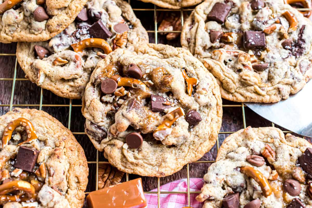 Kitchen sink cookies on a wire cooling rack.