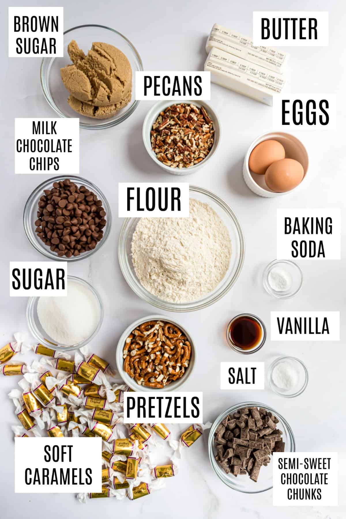 Ingredients needed to make kitchen sink cookies.