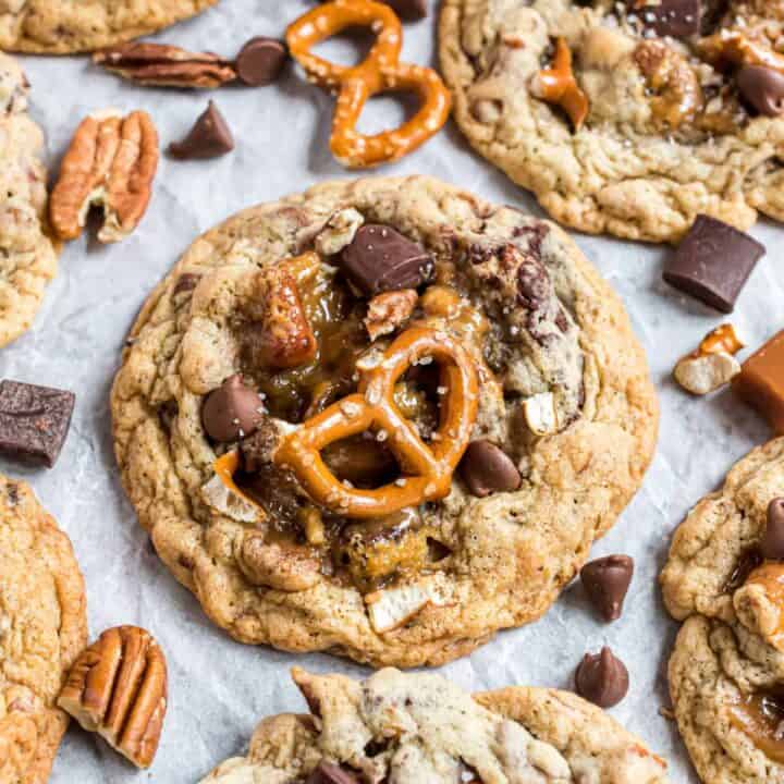 Kitchen sink cookies loaded with pecans, pretzels, caramel, and chocolate.