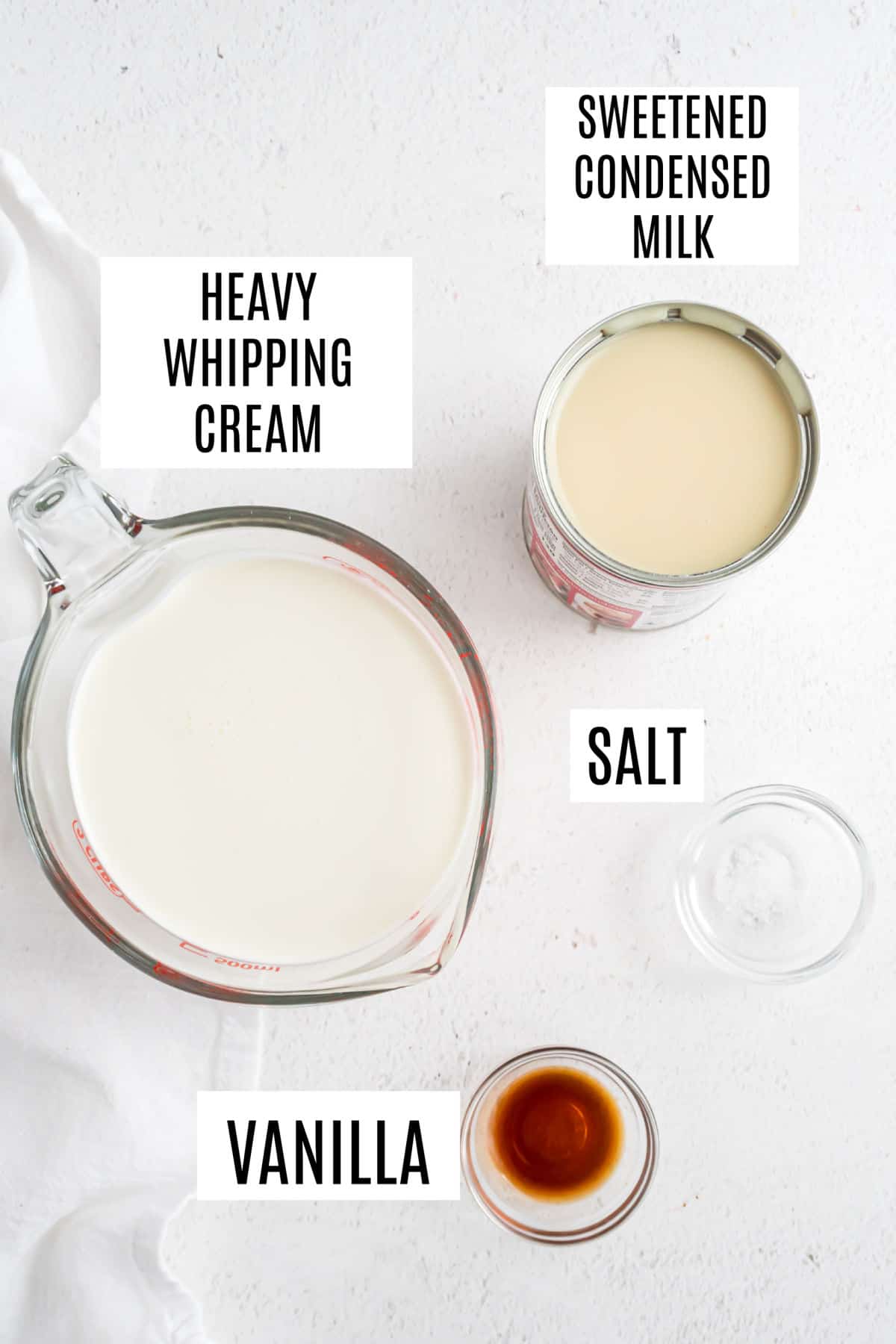 Ingredients needed to make no churn ice cream.