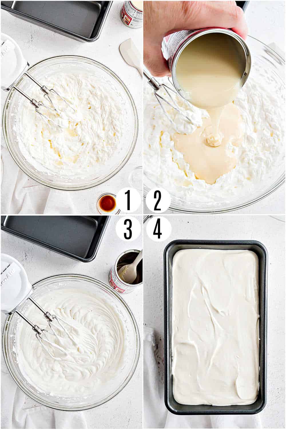 Step by step photos showing how to make no churn ice cream.