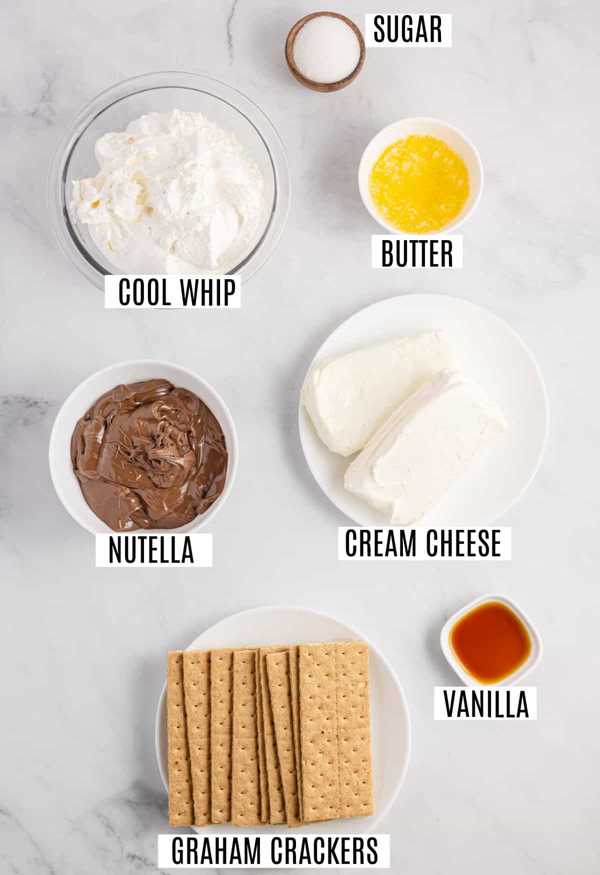 Ingredients needed to make nutella cheesecake.