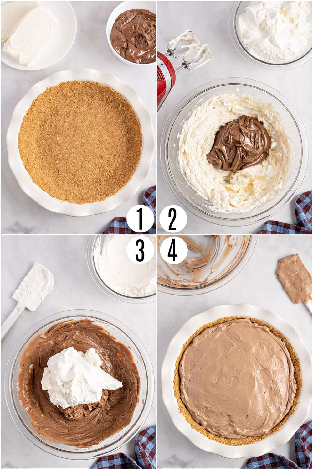 Step by step photos showing how to make no bake nutella pie.