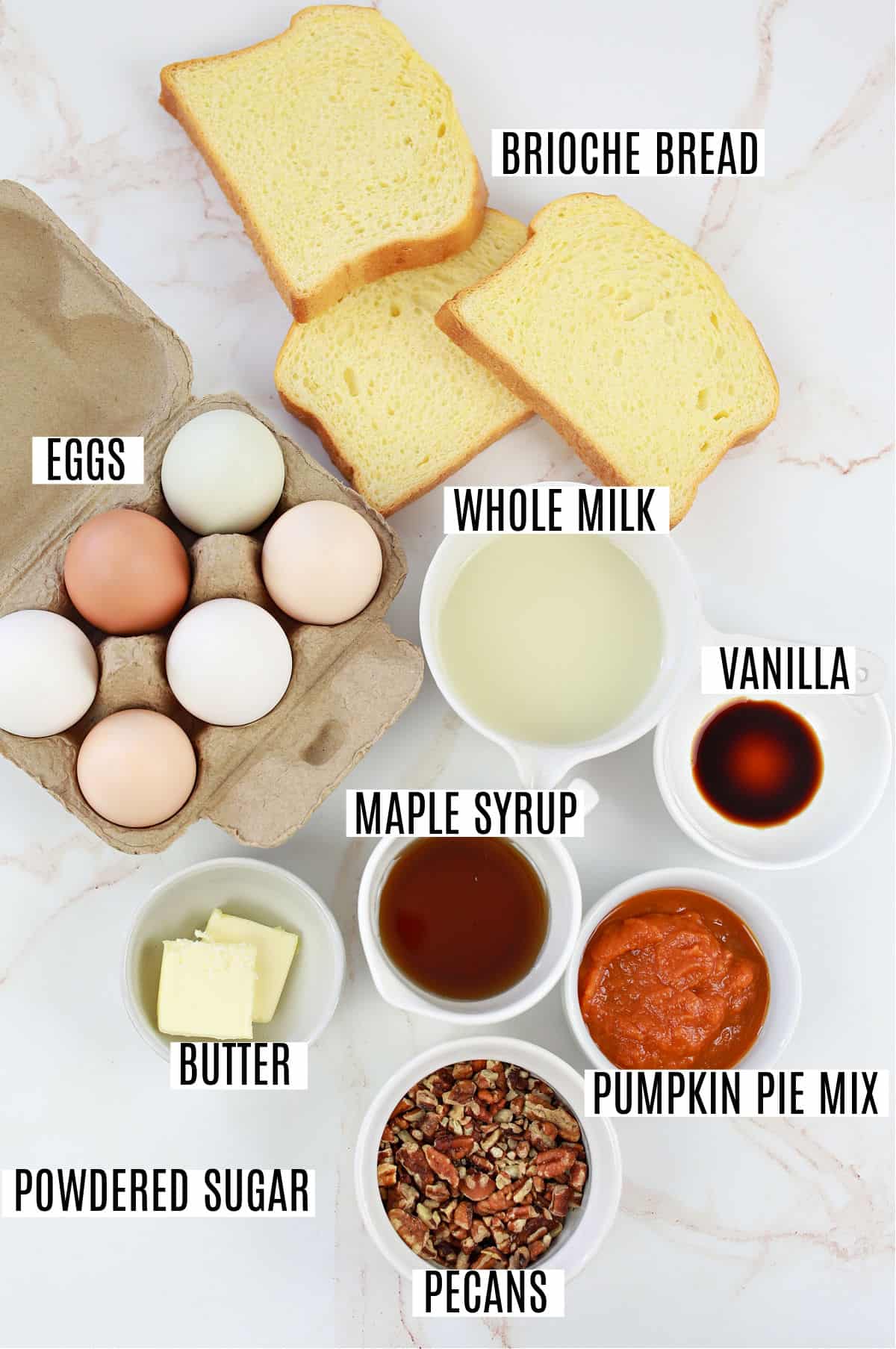 Ingredients needed to make pumpkin french toast.