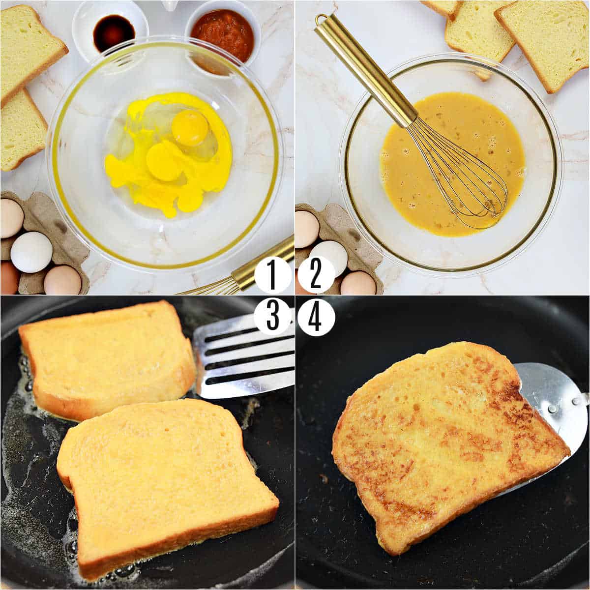 Step by step photos showing how to make pumpkin french toast.