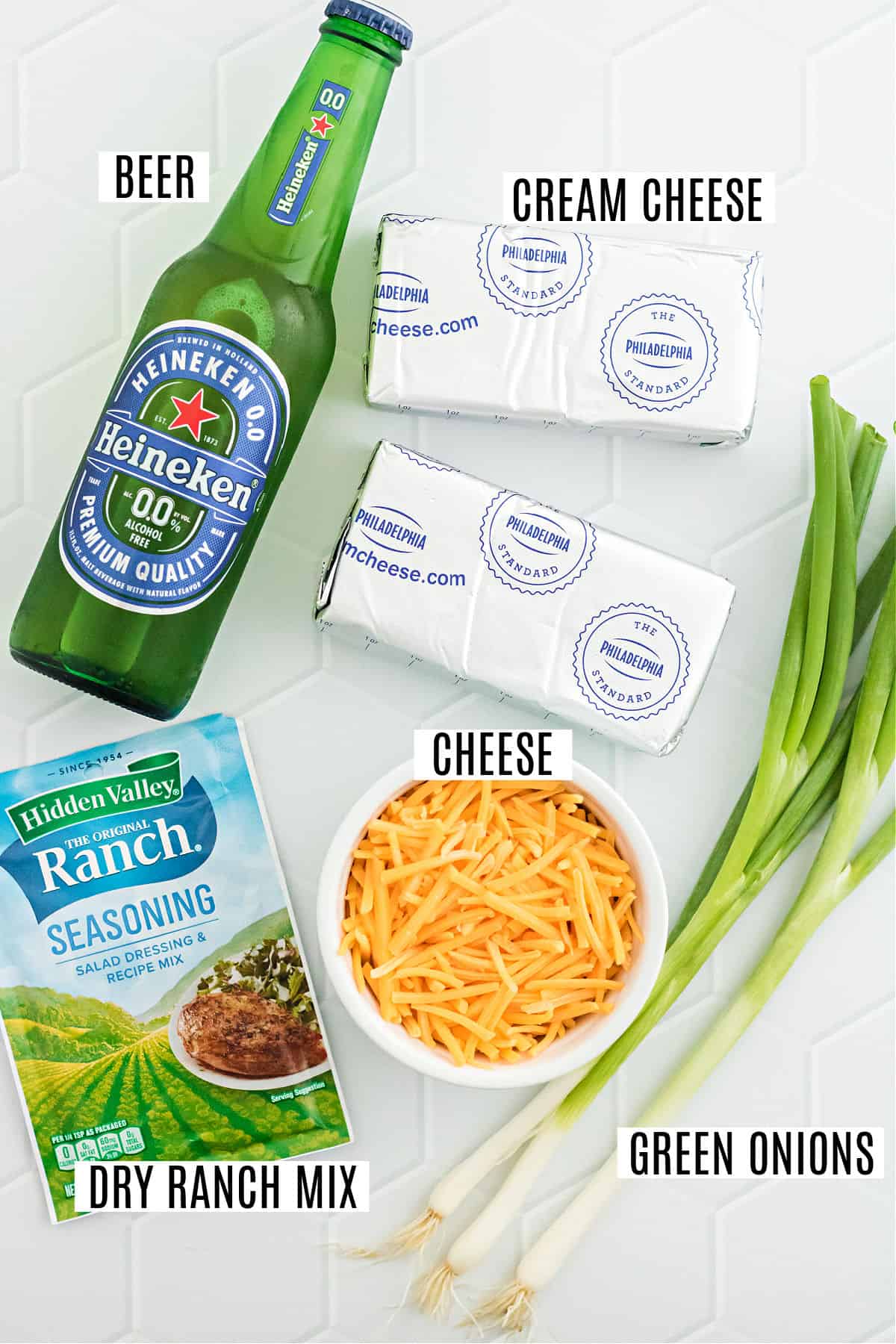 Ingredients needed to make beer cheese dip.